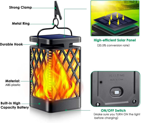 2 Pack(Black) TomCare Solar Lights Outdoor Flickering Flame Solar Lantern Outdoor Hanging Lanterns Decorative Outdoor