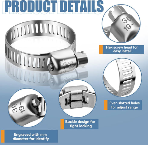 10PCS Hose Clamp Set, Stainless Steel Adjustable Hose Clamps 3/4'' to 1-1/8'' (19-29mm)