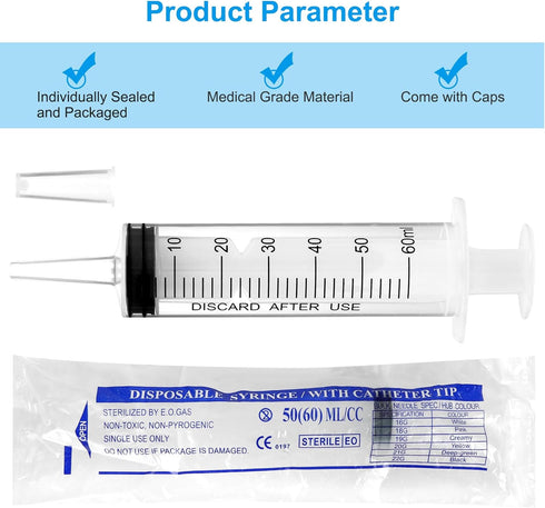 5 Pack 60ml Sterile Syringes Individually Packaged for Labs, Liquid Measuring, Feeding Pets, Oil or Glue Applicator