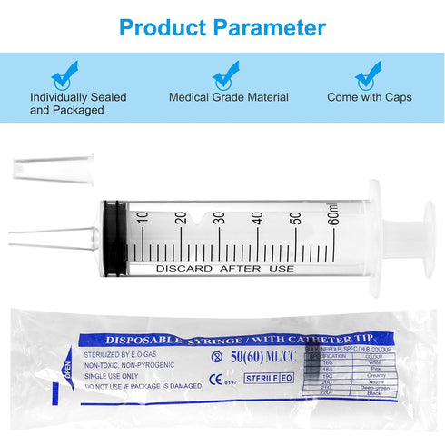 24 Pack 60ml Sterile Syringes with Cap, Individually Packaged for Labs, Liquid Measuring, Feeding Pets