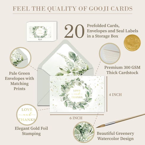 4x6 20-Pack) Gooji Greenery Thank You Cards with Envelopes (Bulk Bridal Shower Thank You Cards with Envelopes |