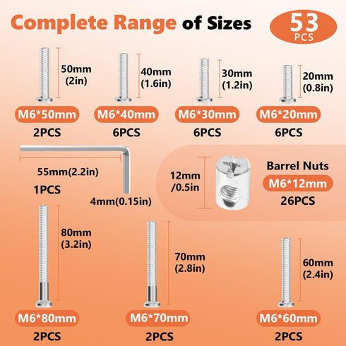 Kalote 53PCS Set Set (M6*20/30/40/50/60/70/80mm) 1 Crib Screws Hardware Replacement Kit, Baby Bed Frame Bolts & Barrel