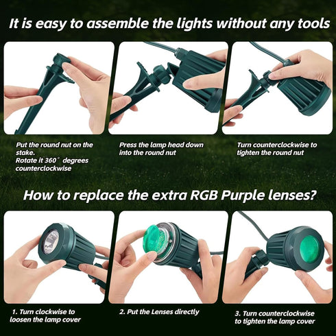 120V 6500K 4 IP67 (1 Pack,Green) Spotlight Outdoor Plug-In, Cool White LED Landscape Lighting with RGB Purple Color