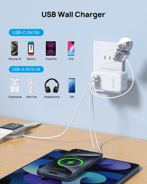TROND 3 Prong to 2 Prong Adapter with 360 Rotating Plug, 2 Prong Outlet Extender with 3 AC Outlets and 4 USB Ports