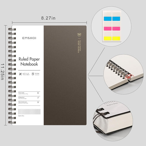 EMSHOI A4 Spiral Notebook, 11.2" X 8.27", College Ruled Lined Journal, 300 Pages/150 Sheets, Easy Tear Perforated Pages, 100gsm Thick Paper, Waterproof Softcover, for School Work Writing-Coffee by EMSHOI
