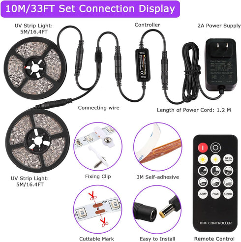 33ft/10M Set 600 12V Dimmable SMD2835 Upgraded LED Black Light Strip with Remote, LEDs, Self-Adhesive Black Light