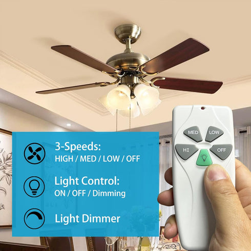 YukiHalu Universal Ceiling Fan Remote Control Kit, 3 Fan Speeds and Light Dimmer, UL Listed