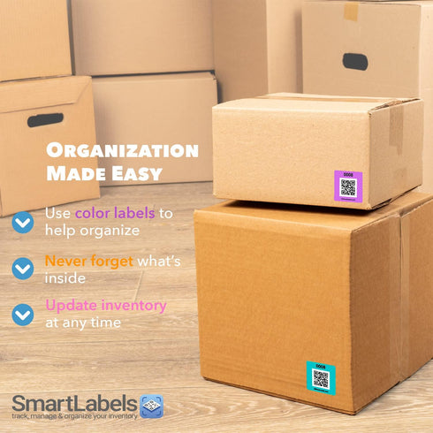 QR Code Smart Labels, Color Coded Scannable Stickers for Storage Bins, Moving Containers & Organization, Pack of 48