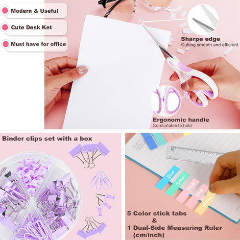 Purple Desk Accessories for Women, Cute Office Supplies Set - Stapler, Tape Dispenser, Scissors, Gift for Students