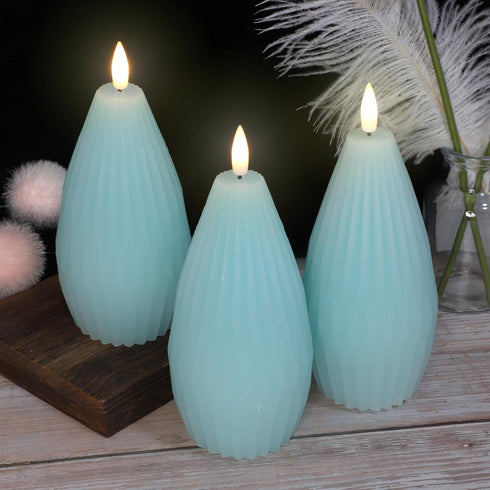 3Pack Blue Ribbed Flameless Candles with Remote Flickering Realistic Battery Powered LED Real Wax Decorative Candle