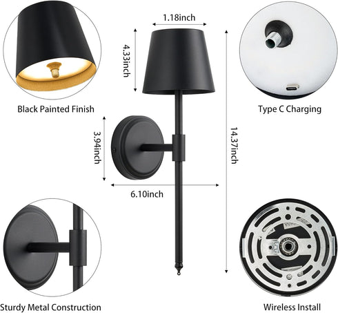 Hillsboro 5000mAh Dimming (Black-1PCS-3 Battery Operated Wall Sconces, Cordless Rechargeable Battery LED Wall Sconce