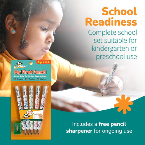 Channie's My First Pencil, Easy-to-Hold Jumbo Pencils for Kids Ages 3-7, White Wooden 2B Fat Pencils, 2 Pack + Sharpener