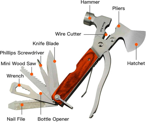 Camping Gear Multitool, Cool & Unique Birthday Gifts for Men Dad Husband Boyfriend, 18-in-1 Survival Gear for Outdoor Hunting Hiking, Emergency Escape Tool with Axe,Hammer,Plier,Knife,Bottle Opener by Rose Kuli
