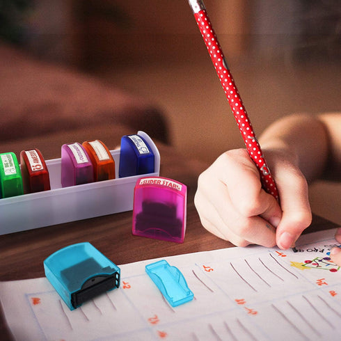 Reliancer 8PCS Teacher Stamp Set, Colorful Self-Inking Motivation Stamps for Classroom Homework Rating with Storage Tray
