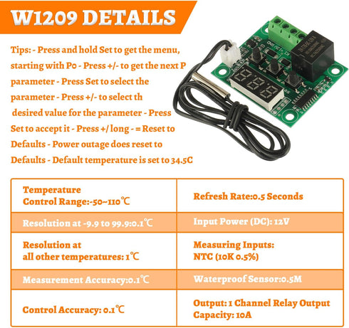 W1209 Digital Temperature Controller Board, 12V DC Micro Thermostat -50-110°C with Waterproof Case (2PCS)