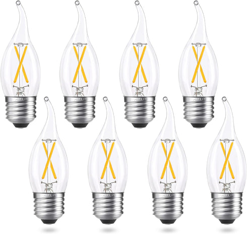 E26 Dimmable Candelabra Light Bulbs, 25W Equivalent, 2W Energy Efficient, Warm White 2700K, 200lm Flame Tip CA10, 8 Pack