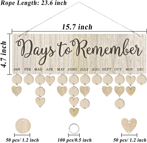 Family Birthday Board DIY Wooden Calendar, Wall Hanging Birthday Reminder Plaque with 100 Wooden Tags