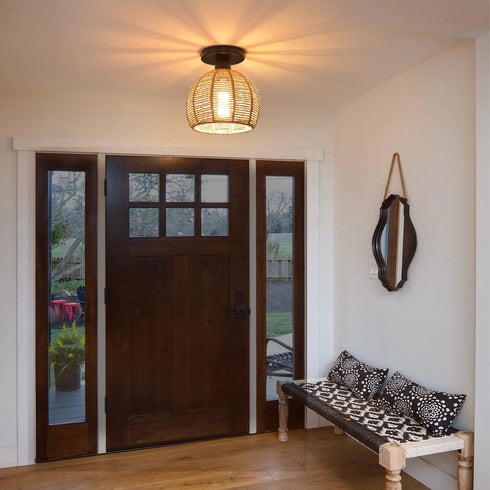 KENMI Hand-Woven Rattan Flush Mount Ceiling Light,Farmhouse Light Fixtures Ceiling Mount Boho for Hallway Bedroom