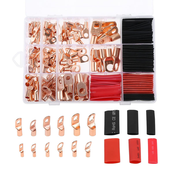 240Pcs Copper Wire Lugs with Heat Shrink Set, AWG 2 4 6 8 10 12 Ring Lug Connectors