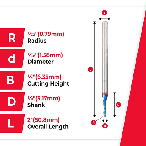 Amana Tool Solid Carbide Up-Cut Ball Nose Spiral Router Bit for Wood, Plastic, MDF, Foam, 46373-K, 1/16 Dia x 1/4 Inch