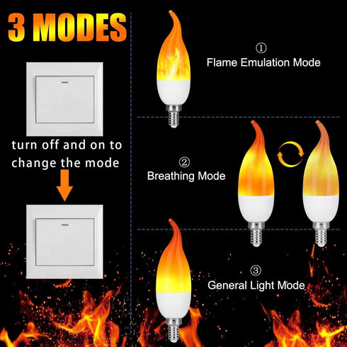 E12 Flame Bulbs 8 Packs, 3 Mode LED Candelabra Flame Light Bulb, 2.0 Watt Warm White, 1800K Candle Light Bulbs for