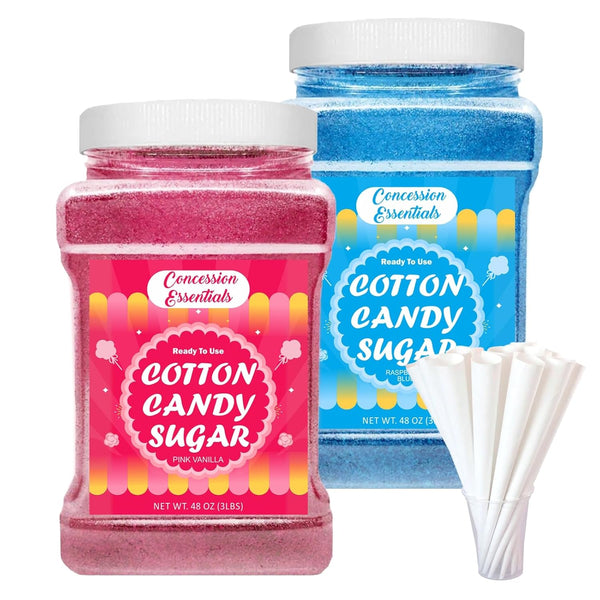 Concession Essentials Cotton Candy Floss Sugar -Pink Vanilla and Blue Raspberry /3lb Jars Each