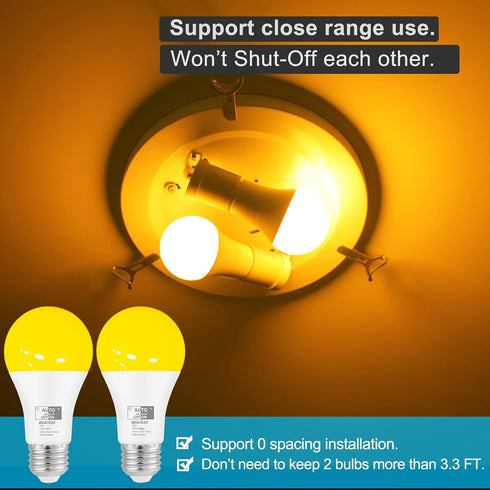 Dusk to Dawn Bug Light Bulbs, 9.5W LED, 1900K Amber Yellow, 600 Lumen, A19 E26, 4-Pack, HQ-H018