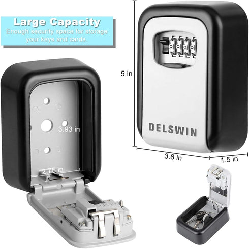DELSWIN Wall Mounted Key Lock Box, Weatherproof Combo LockBox with 4-Digit Combination for Home, Airbnb, Hotel, School,