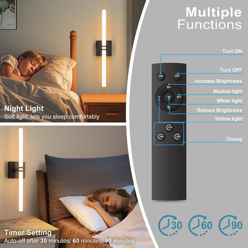 1Pack, Dimmable 22 Inch 3000K-6000K Battery Operated Wall Sconce Black Rechargeable Wall Lights with Remote Control