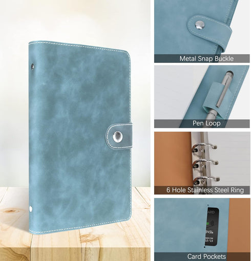 FYY Leather A6 Binder, 6 Ring Notebook, Refillable with Pockets, Blue PU Leather Travel Cover