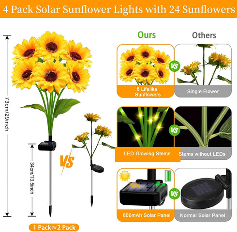 4 Pack 18 3.4 Inch Solar Garden Lights Outdoor, Solar Sunflower Lights with Head Flowers, Waterproof Flowers Light Fall