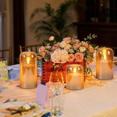 3D Decor(3Pcs, D3H4/5"/6") Eldnacele Gold Glass Flameless Candles with Remote and Timer, Battery Operated Wick