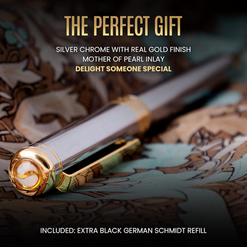 Scriveiner Silver Chrome Rollerball Pen - Luxury Pen with Real Gold Plating, Best Gift Set