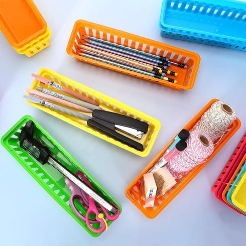 PLMMOUT 24 Pack Organization,9.3" 2.2" 2.4" Pencil Basket Tray,Plastic Classroom Organizer Basket,Colorful Crayon
