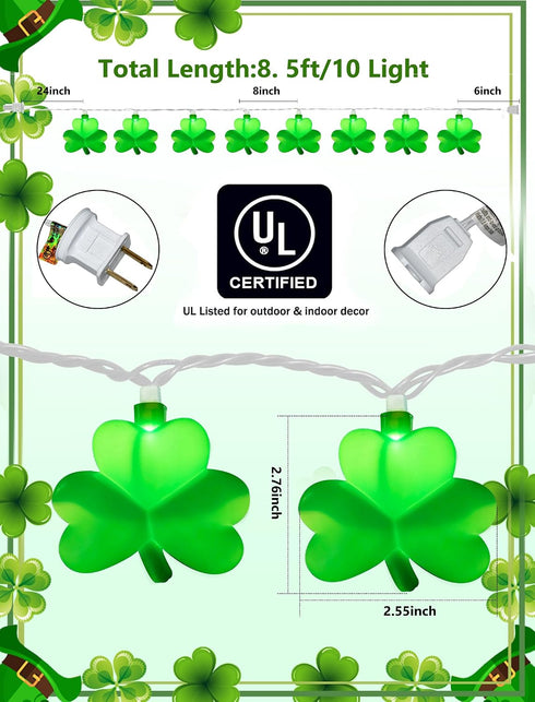8.5Ft 10 Shamrock String Lights, St. Patrick's Day Decoration Lights with Green Lucky Grass, Plug-in Lucky Clover