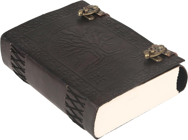 TUZECH Large Leather Journal, 600 Pages, Embossed Tree of Life, 7 x 10, Black, Writing Notebook