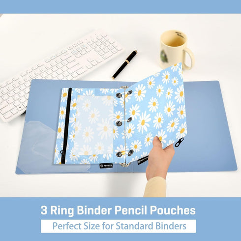 Blue Cute Daisy Binder Pencil Pouch, 3 Ring Zipper Pencil Case with Clear Window, 2 Pack for School, Office
