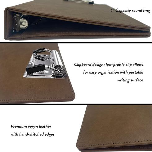 Mini 3 Ring Leather Binder - 5.5 x 8.5 with Clipboard, Vintage Hardback 1 Inch Binder, Portfolio with Notepad