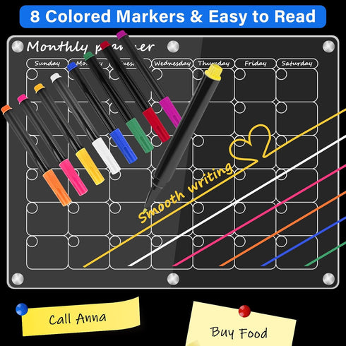 Magnetic Calendar for Refrigerator, 2 Pcs Monthly & Blank Acrylic Calendar with 8 Markers, Magnetic Pen Holder,