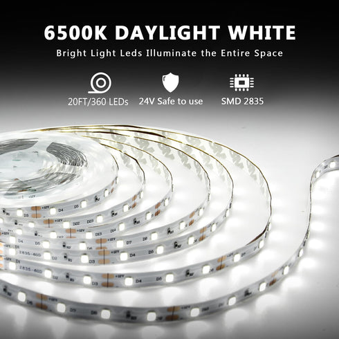 20ft Dimmable 24V 6500K 360 dalattin White LED Strip Lights, Super Bright Led Tape Light LEDs Lights for Bedrooms