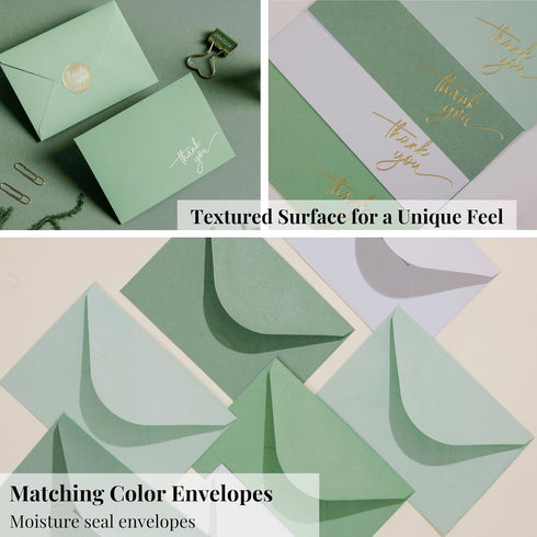 Pack 40, 5x3.5 Inch Gold Foil Thank You Cards - Bulk of with Matching Stickers & Envelopes (Green) Textured Surface