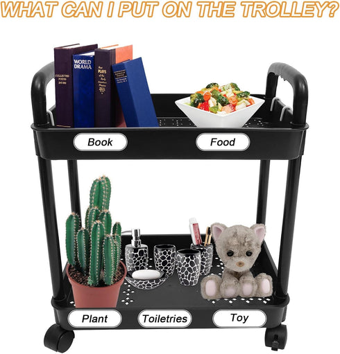 Vobumix 2 Tier Rolling Utility Cart Multi-Functional Storage Trolley with Lockable Wheels Plastic Mobile Storage