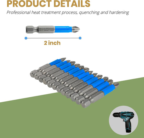 Anti Slip Phillips Cross Slot Pozidriv Screwdriver Bit Set, 12PCS 1/4 Inch Hex Shank, 2 Inch Length S2 Steel