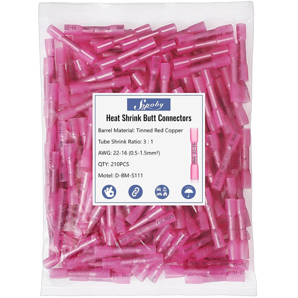 Heat Shrink Butt Wire Connectors, Sopoby 210Pcs 22-16 AWG Red Insulated Waterproof Electrical Wire Connectors for