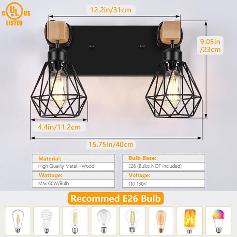 2-Light Bulbs FadimiKoo Rustic Style Wood Bathroom Wall Sconce, Farmhouse Vanity Lighting Fixture fopr Bathroom