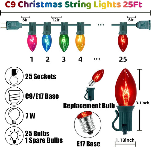 25Ft Lights,C9 26 Bulbs (1 Multicolor Christmas Christmas Lights Outdoor with Clear Glass Colorful Spare), Hanging