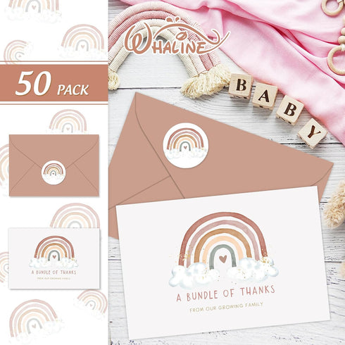 50 Pack Whaline Baby Shower Thank You Cards Bulk Boho Rainbow Blank Note Cards Greeting Card with Envelopes Stickers