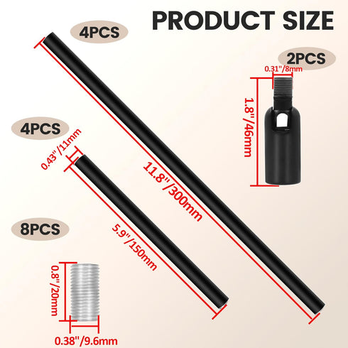 M10 5.9-inch 12-inch Antrader Threaded Extension Rod Black Lighting Fixture Stems with Sloped Ceiling Adapters