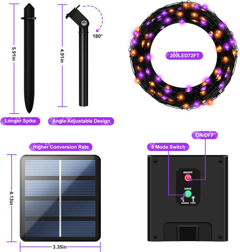Selarlyt 200LED Lights78FT 8 Solar Halloween Orange& Purple String LightsSolar Fairy Lights with Modes Halloween Lights