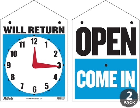 BAZIC Open Sign 7.5"x9", Double Sided Plastic Vinyl Signs, Clock Will Return, Business Store Office Retail Shop, 2-Pack